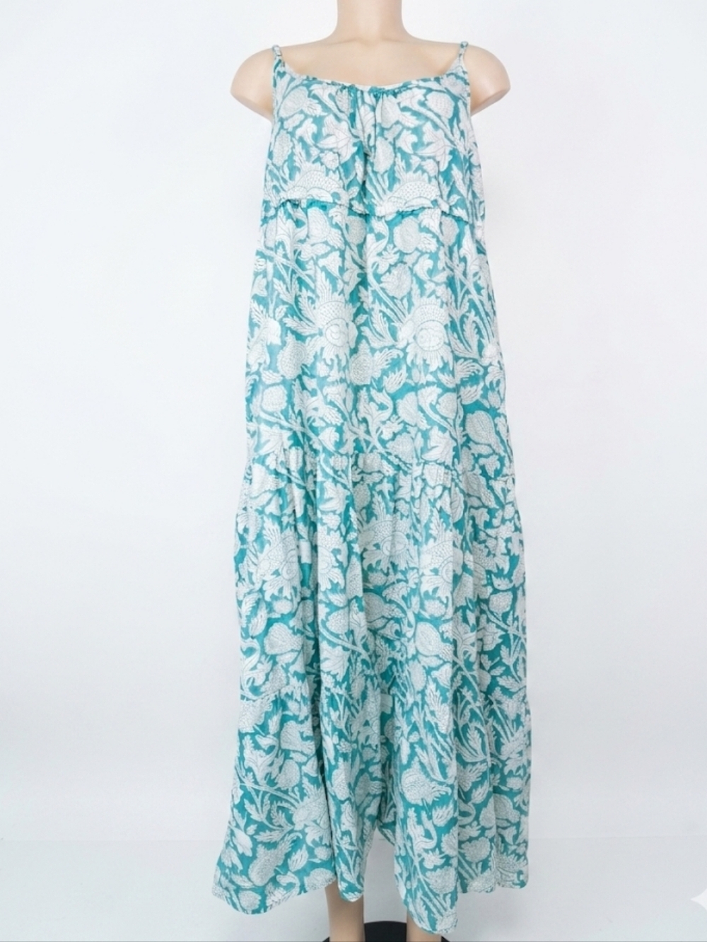 Caravan Souk Teal and White Floral Tiered Maxi Dress with Spaghetti Straps